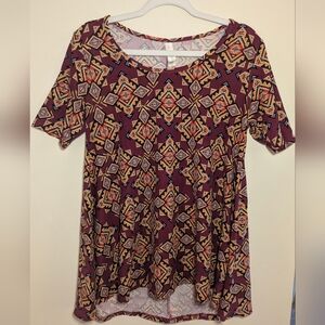 LuLaRoe Perfect Tee Top XS | Burgundy Geometric Print | Boho Swing Top